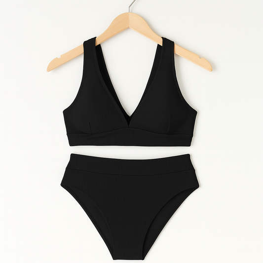 Bademode Damen Bikini Set mit V-Ausschnitt und High Waist Slip