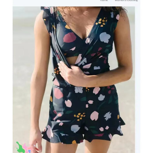 Bademode Damen Badeanzugkleid mit V-Ausschnitt und Rüschen