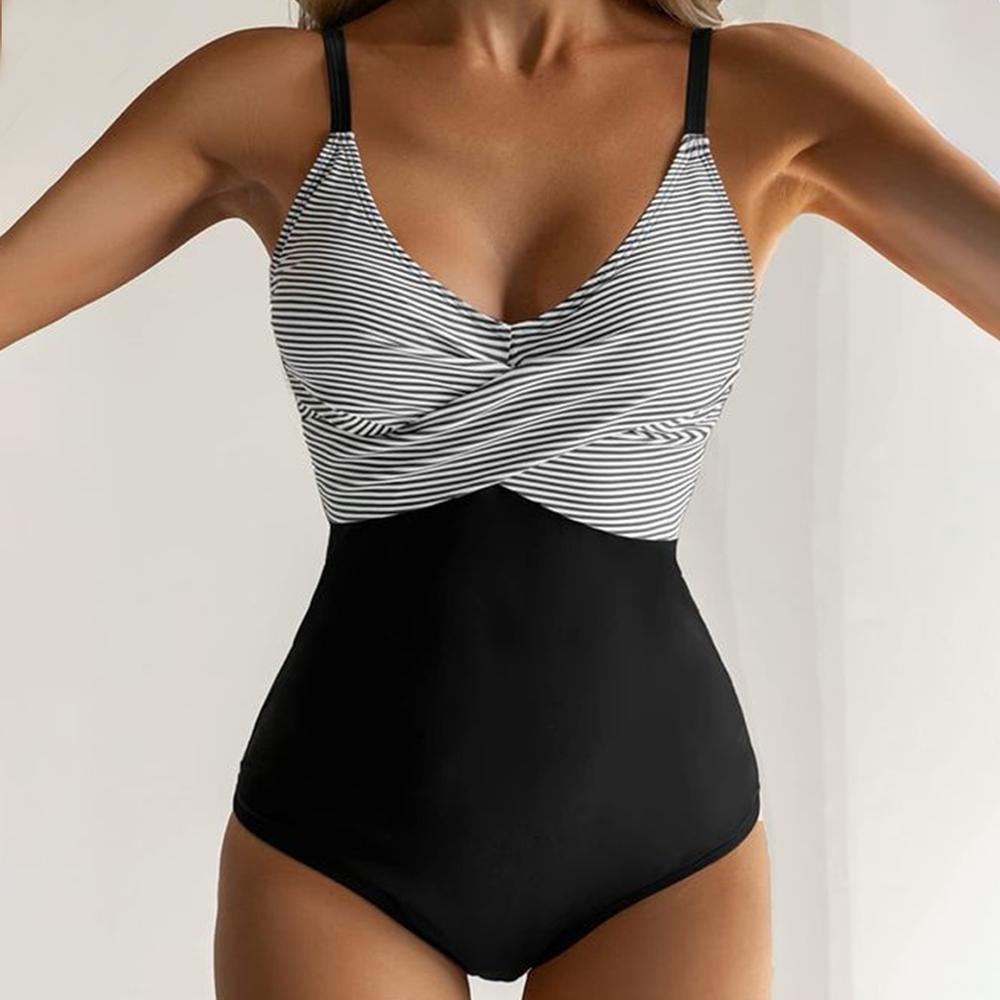 Bademode Damen Badeanzug mit Streifenoptik und Wickeldesign