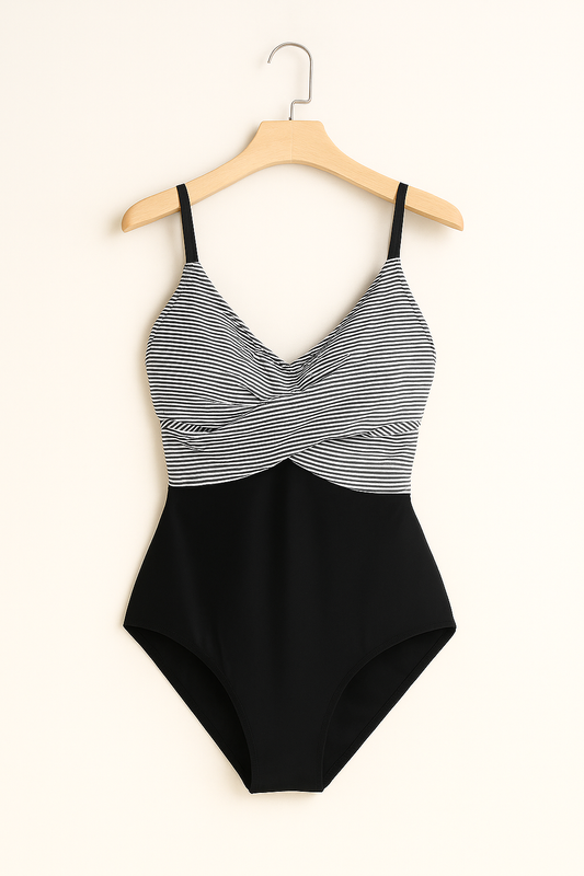 Bademode Damen Badeanzug mit Streifenoptik und Wickeldesign