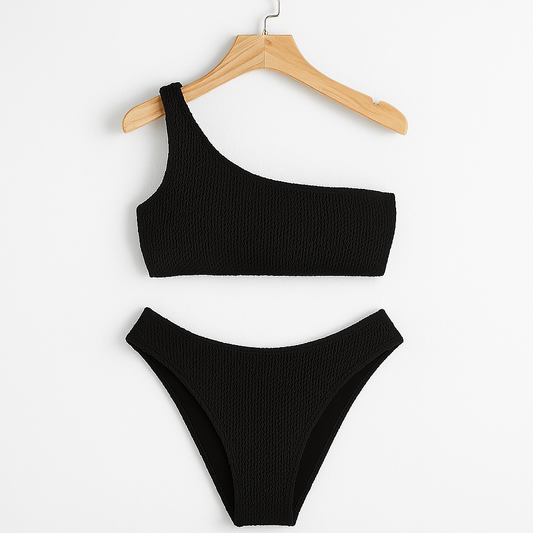 Bademode Bikini Damen einseitig Schulterfrei in Schwarz