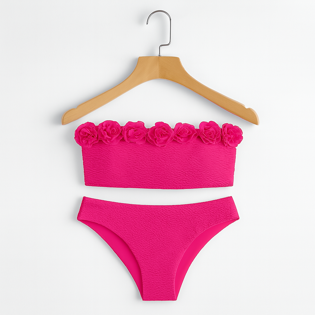 Bademode Bikini Damen mit Rüschen Bandeau Top und High Waist