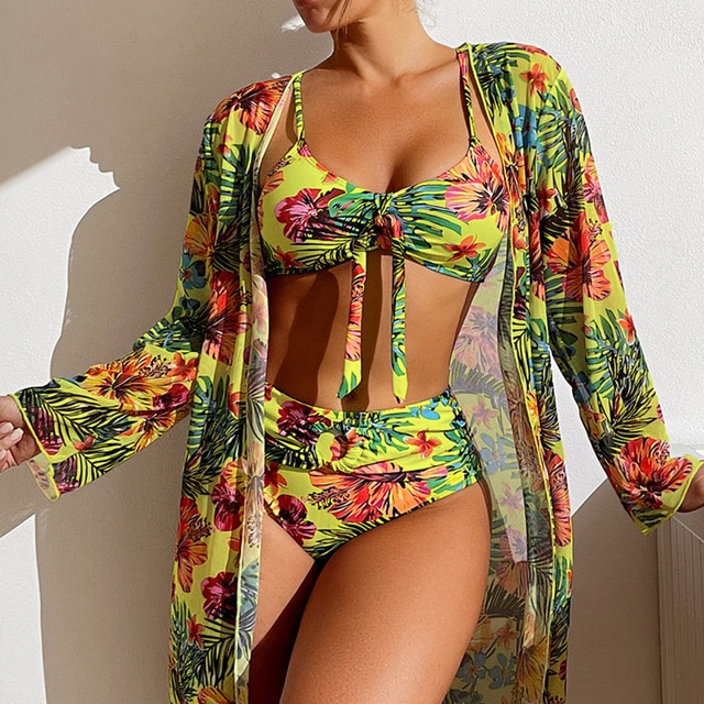 Bademode Damen Bikini Set mit Blumenprint und leichter Tunika