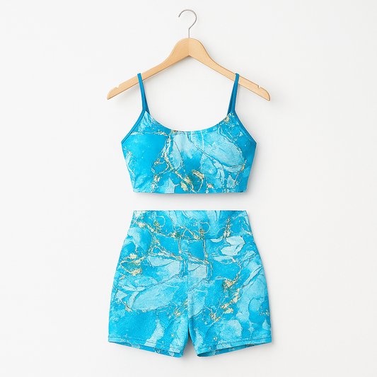Bademode Set Damen mit Sporttop und Shorts in Blauprint