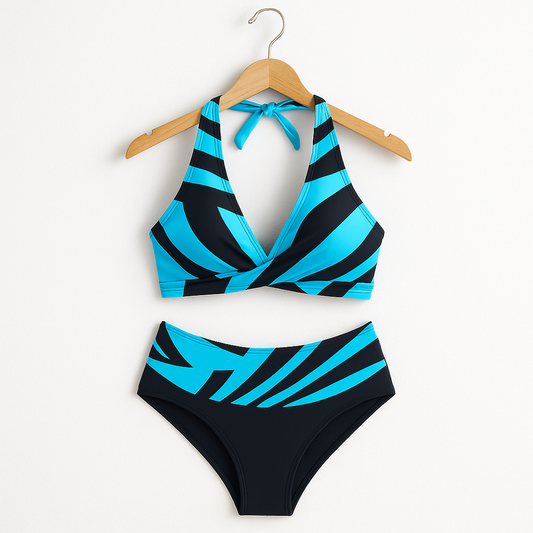 Bademode Damen Bikini Set mit Streifenmuster und Halterneck