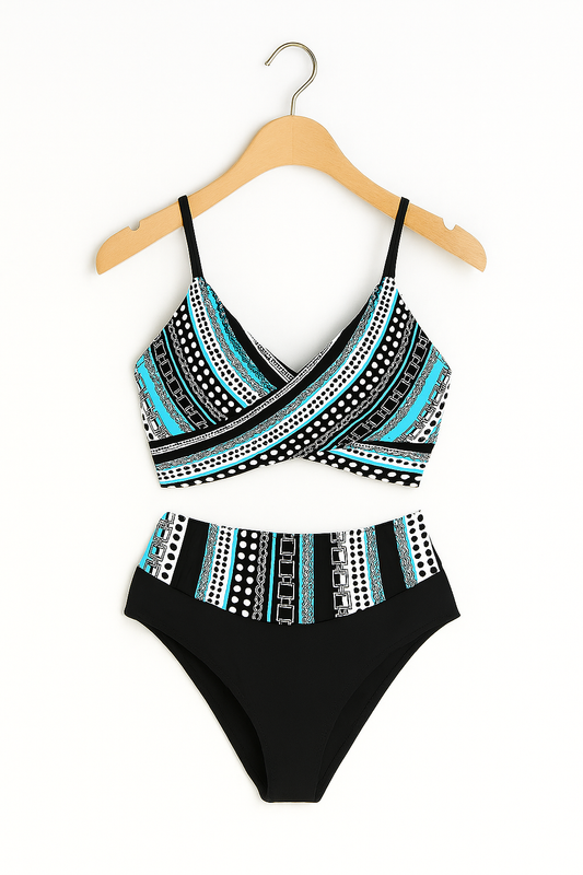 Bademode Damen Bikini Set mit Musterstreifen und hoher Taille