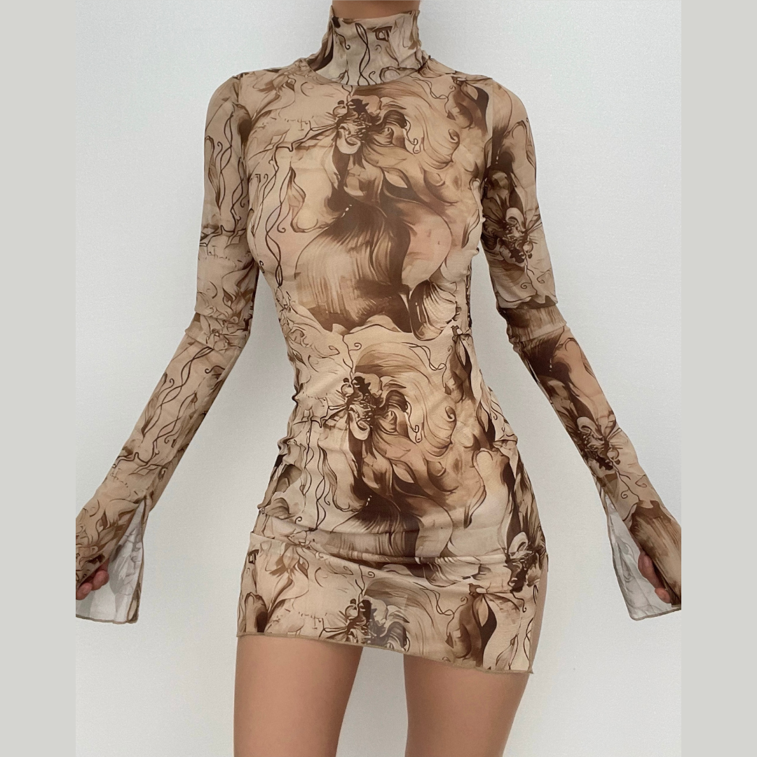 Elegantes Netzstoffkleid mit Rollkragen und Schlitz fur hochzeit