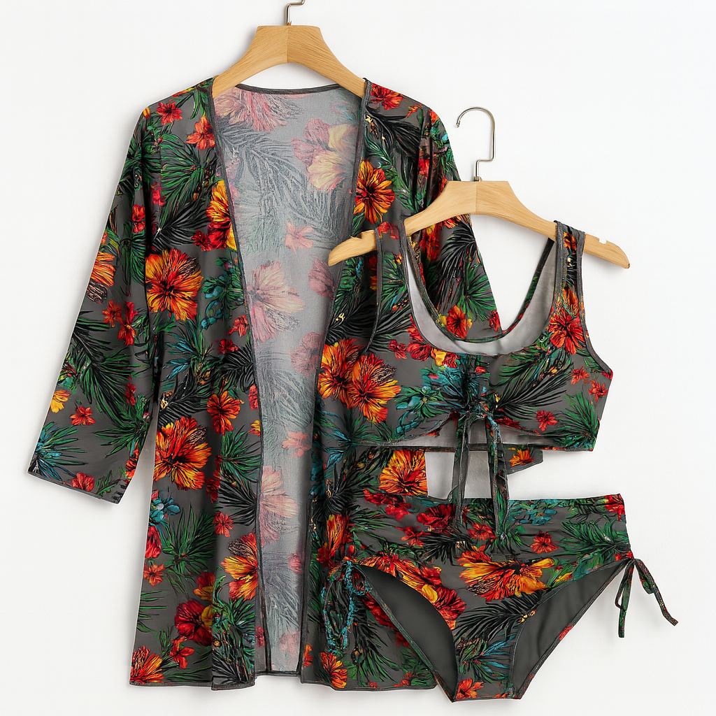 Bademode Damen Bikini Set mit Blumenprint und leichter Tunika