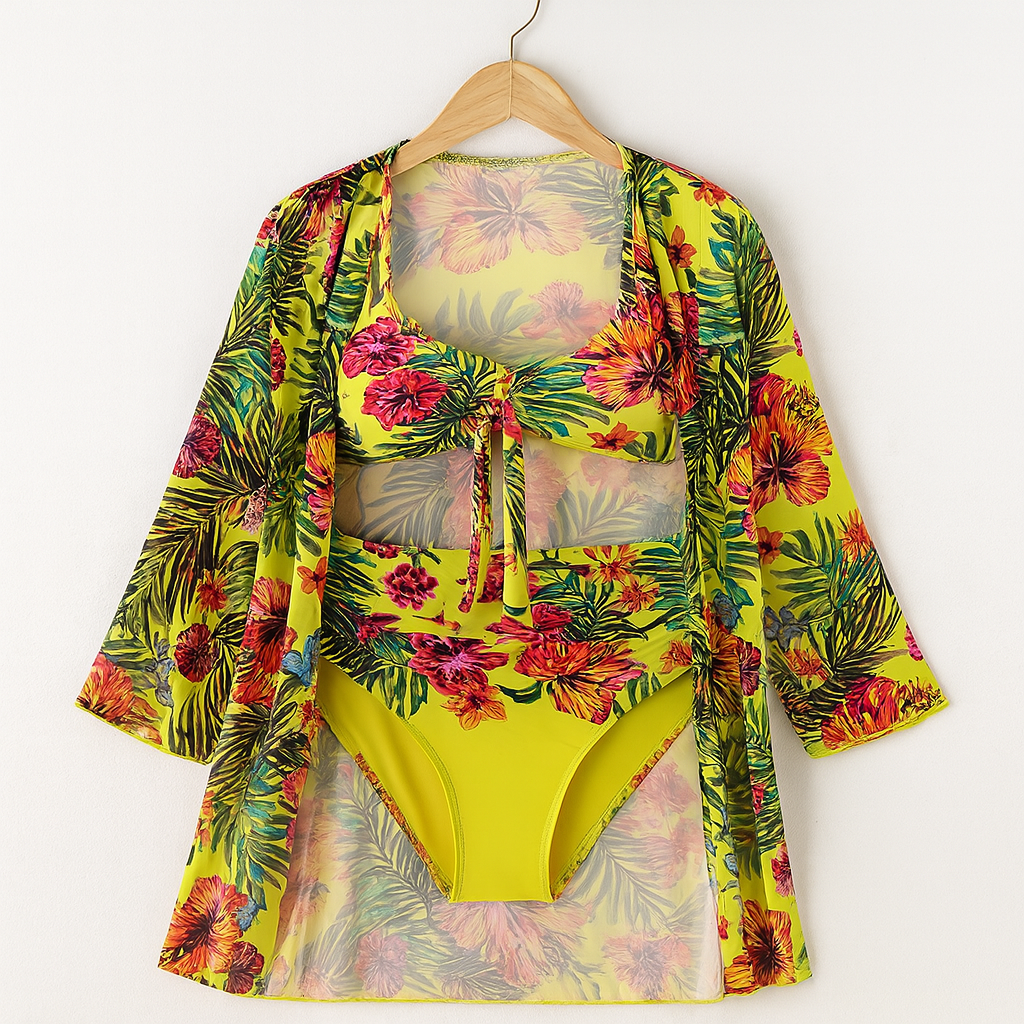 Bademode Damen Bikini Set mit Blumenprint und leichter Tunika