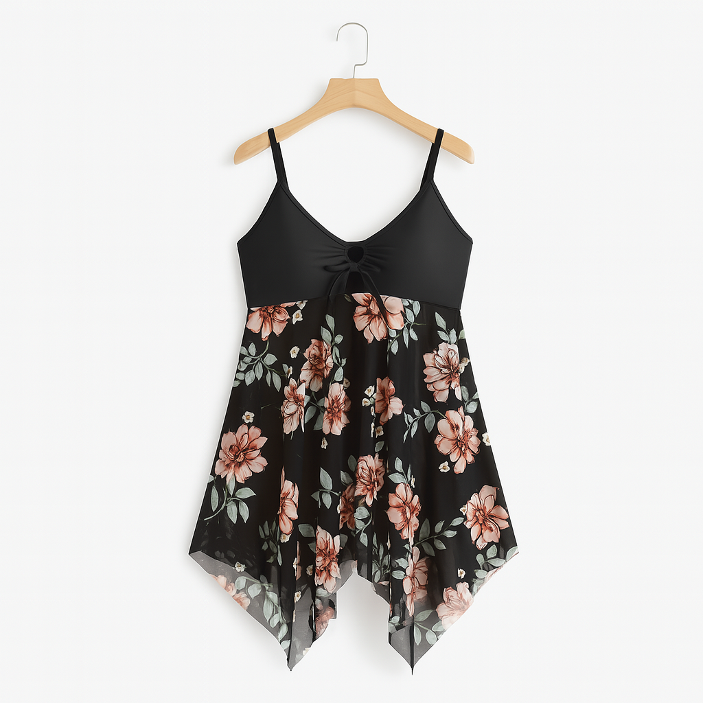 Bademode Kleid Badeanzug mit Blumenmuster und Netz-Optik