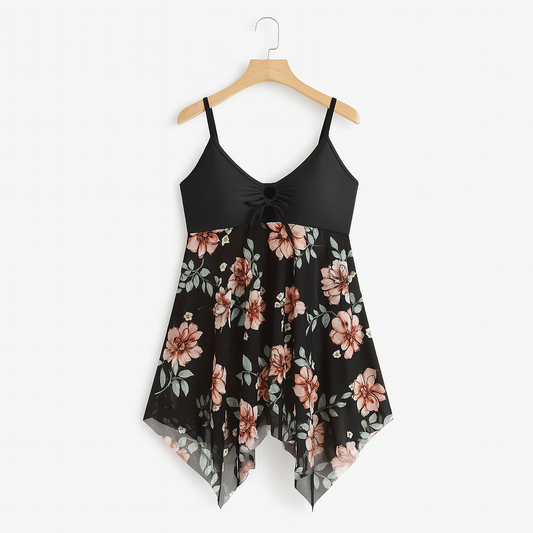 Bademode Kleid Badeanzug mit Blumenmuster und Netz-Optik