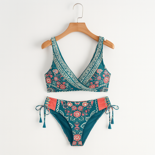 Bademode Damen Bikini Set mit Muster und gerafftem Ausschnitt