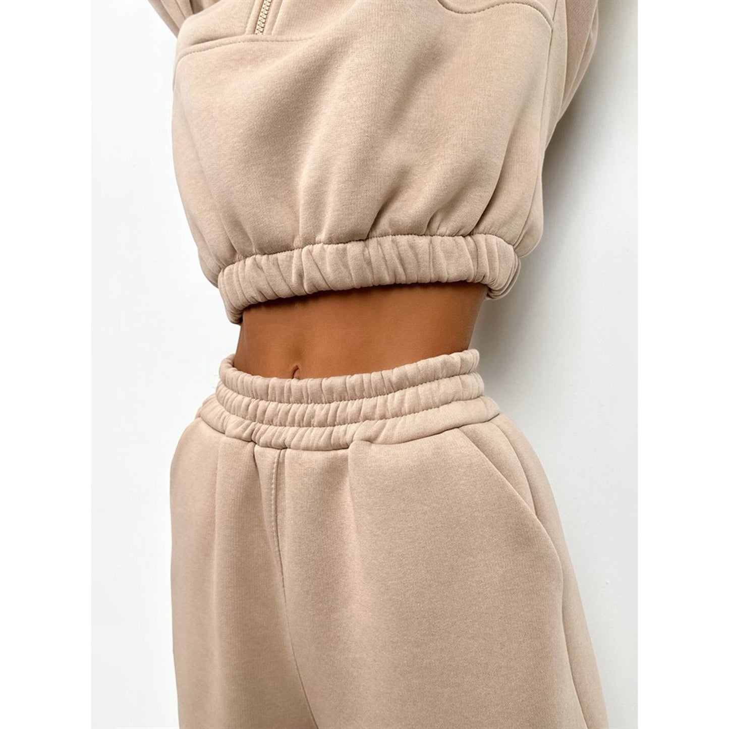 Sets aus zweifarbigem Hoodie und Jogginghose in Khaki mit Kapuze, Reißverschluss und Taschen für Damen