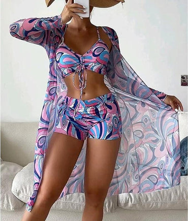 Bademode Set Damen dreiteilig in Lila mit Cover-Up Muster