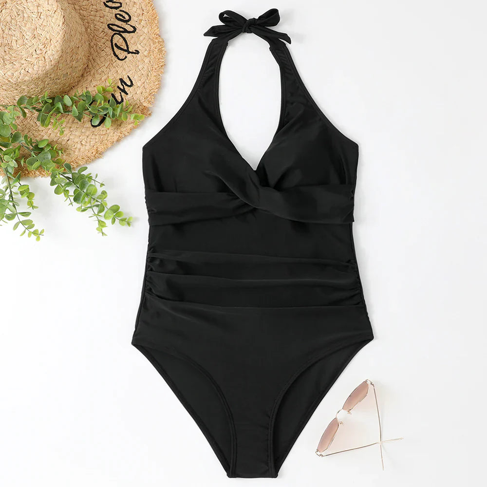 Bademode Damen Badeanzug mit Schleife und V-Ausschnitt Design