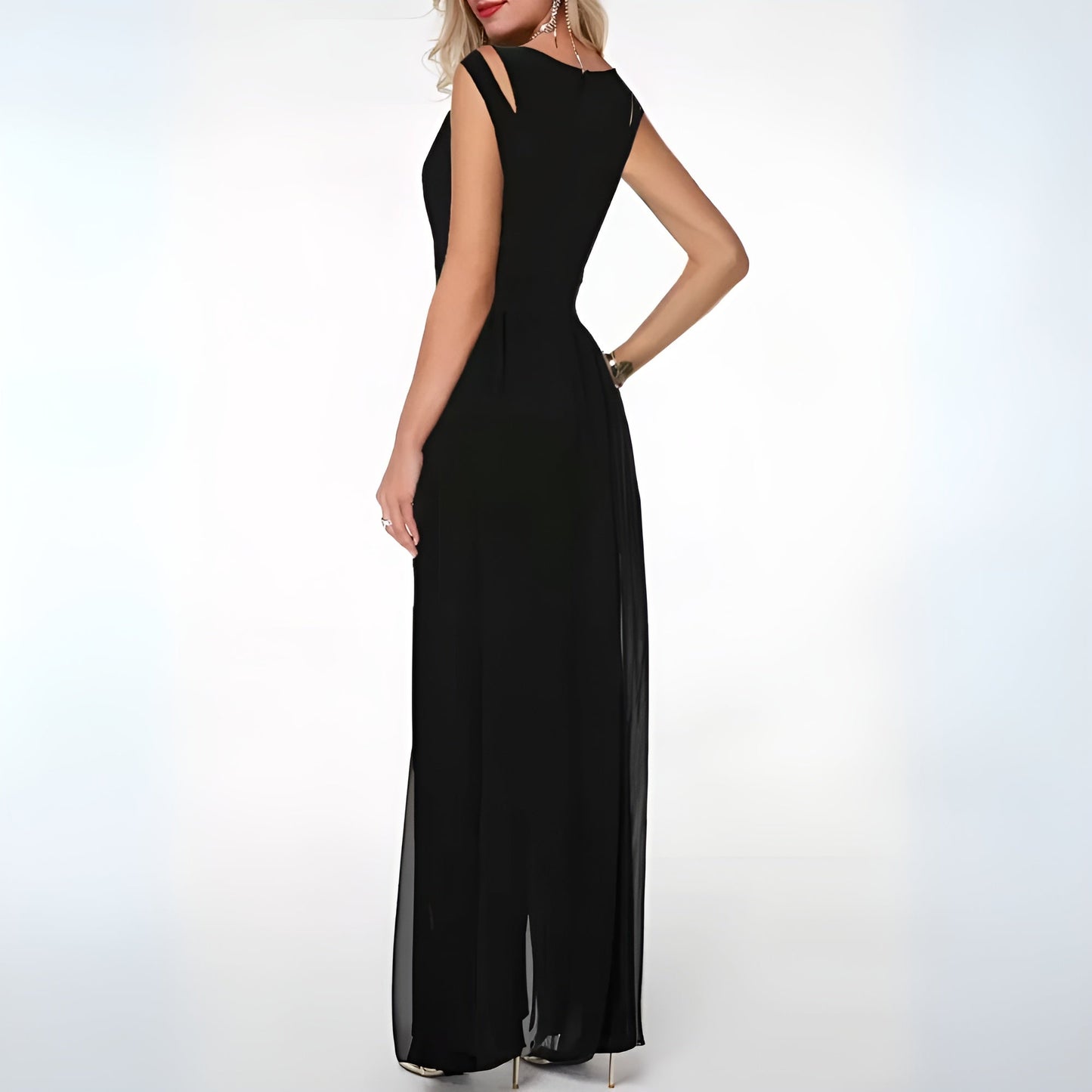 Eleganter ärmelloser Jumpsuit aus Chiffon mit Schlitz in der Schulter und weitem Bein für Damen