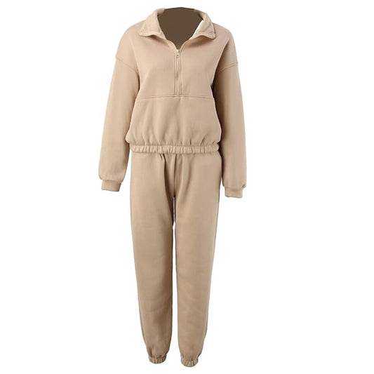 Sets aus zweifarbigem Hoodie und Jogginghose in Khaki mit Kapuze, Reißverschluss und Taschen für Damen