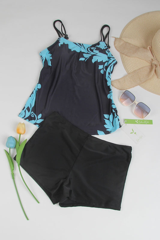 Bademode Damen Tankini Set mit Blätterprint und Shorts