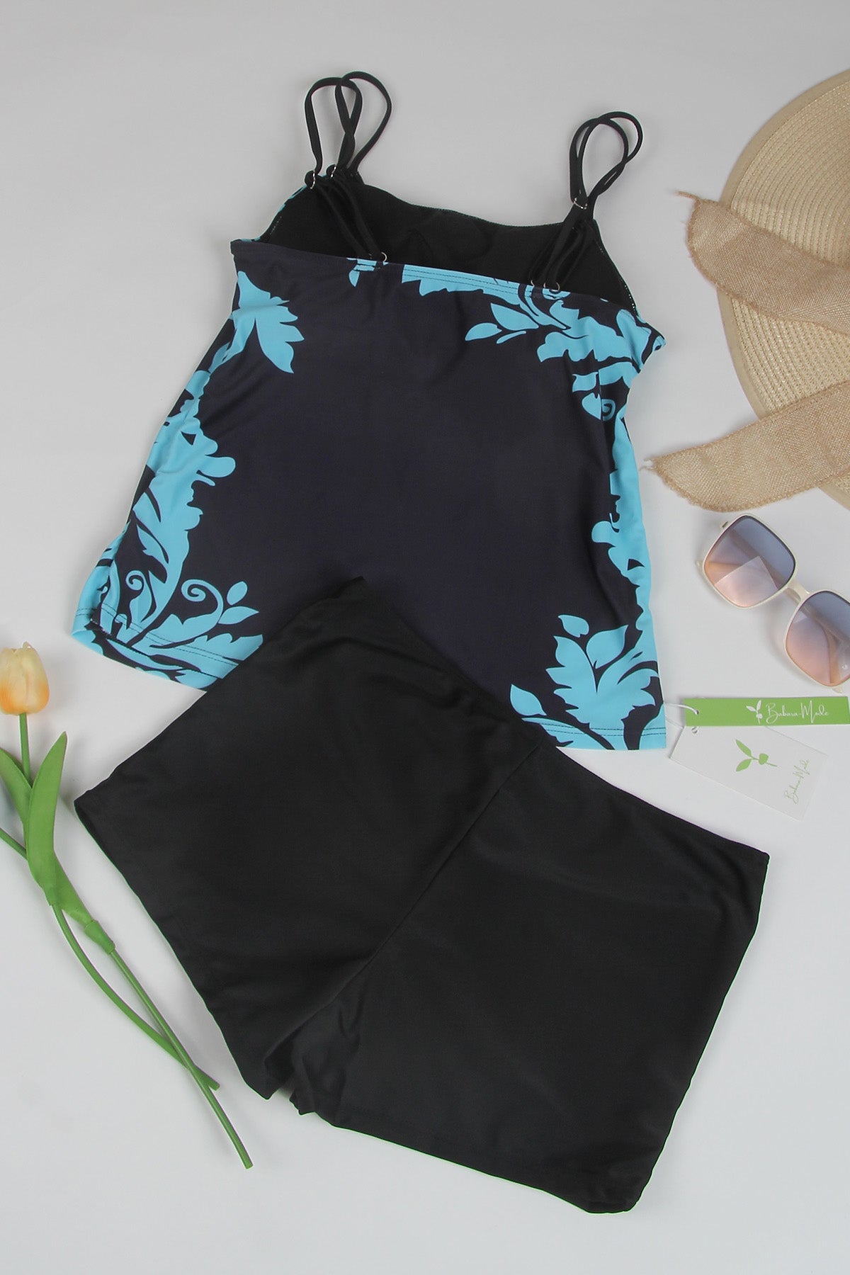 Bademode Damen Tankini Set mit Blätterprint und Shorts