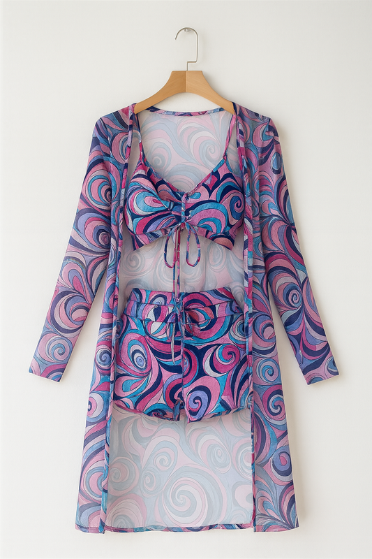 Bademode Set Damen dreiteilig in Lila mit Cover-Up Muster