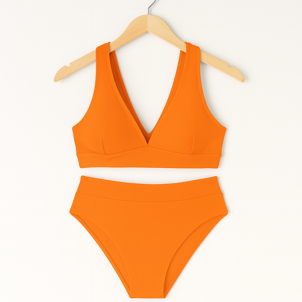 Bademode Damen Bikini Set mit V-Ausschnitt und High Waist Slip