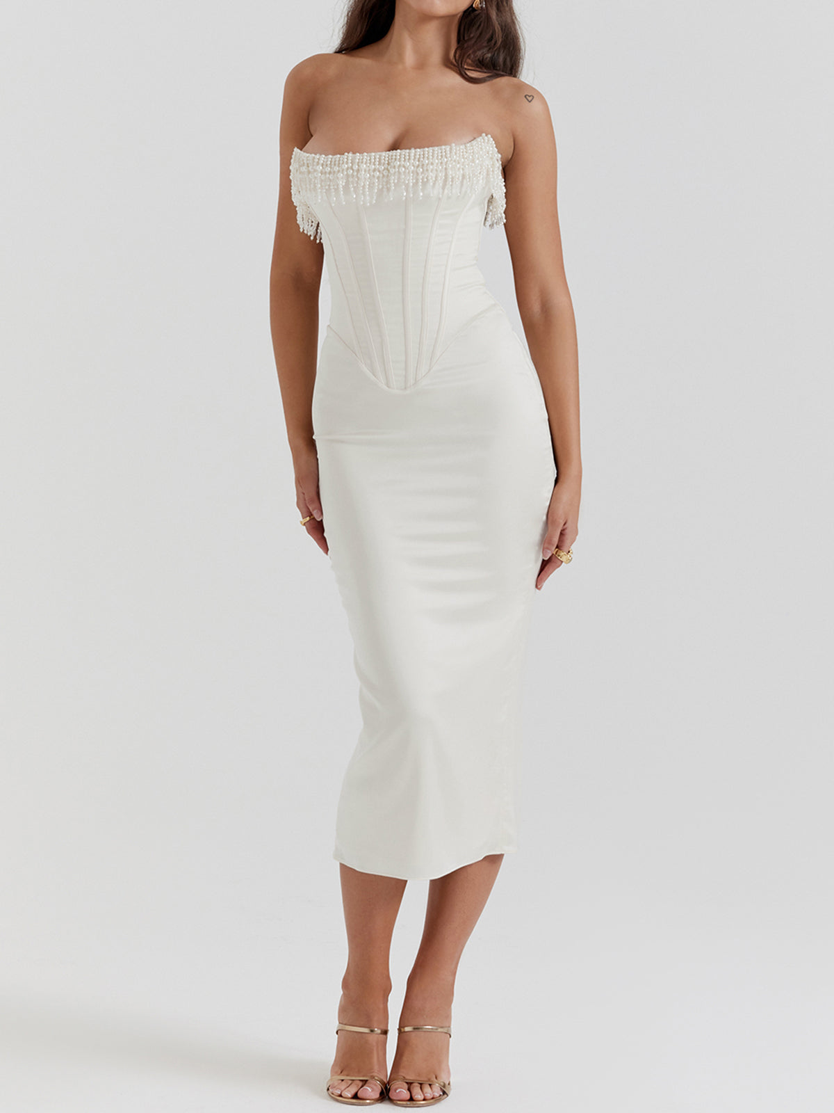 Elegantes Perlen-Midi-Kleid schulterfrei für Frühling & Sommer