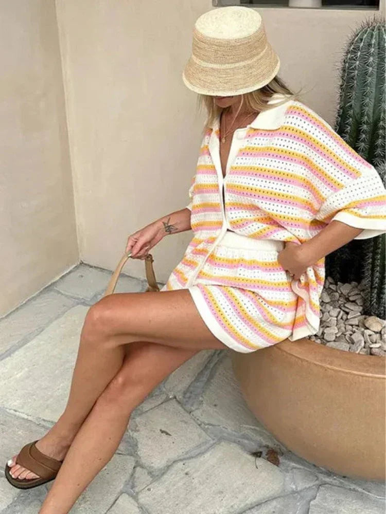 Sets mit farblich abgesetzten Streifen, Kurzarm-Top & High-Waist-Hose