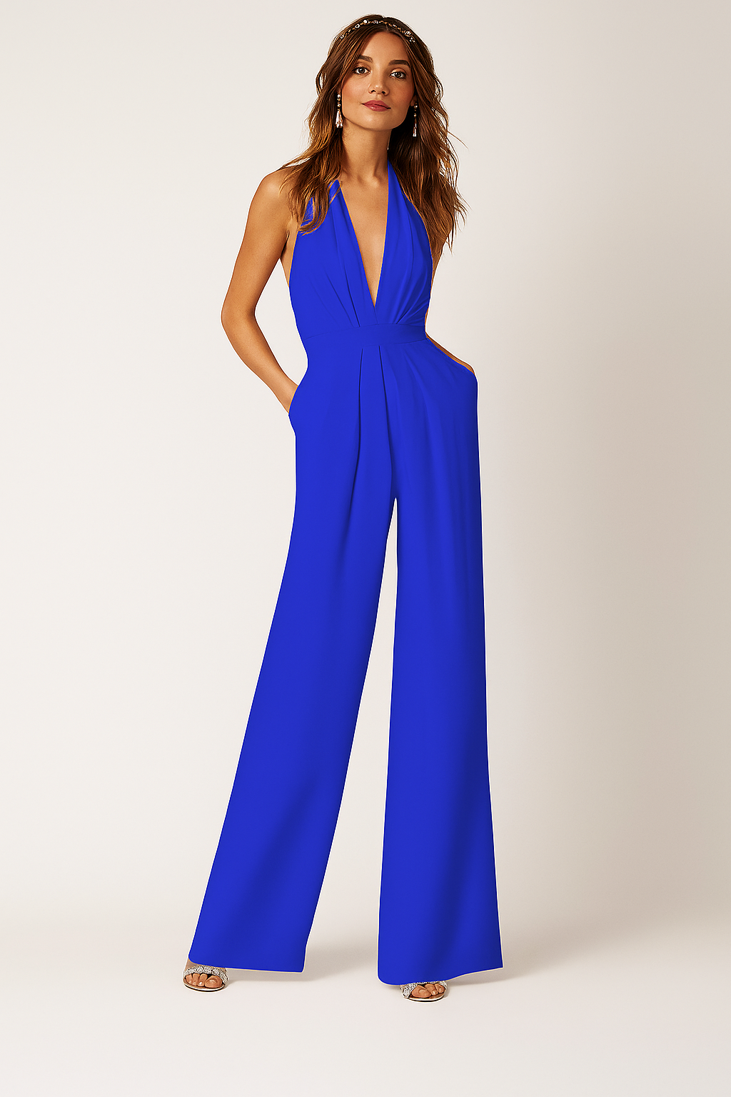 Damen Jumpsuit mit tiefem V-Ausschnitt, ärmellos, plissiert, hohe Taille, lange Hose, einfarbig