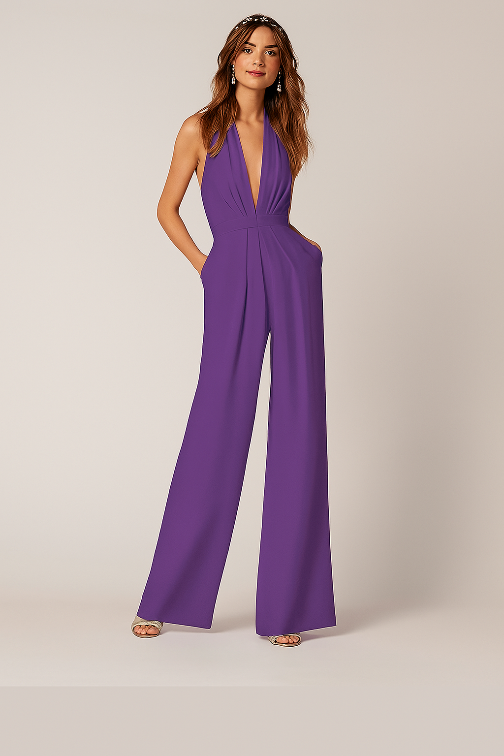 Damen Jumpsuit mit tiefem V-Ausschnitt, ärmellos, plissiert, hohe Taille, lange Hose, einfarbig