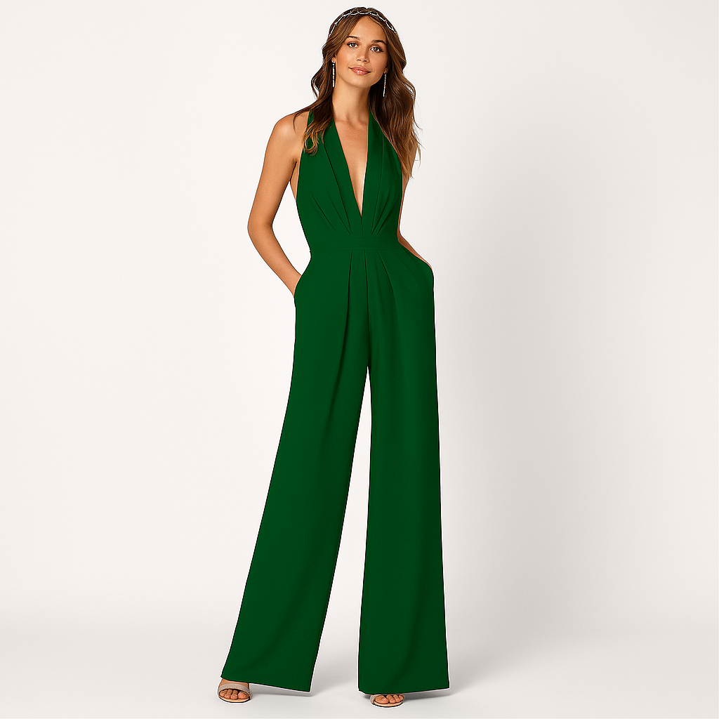 Damen Jumpsuit mit tiefem V-Ausschnitt, ärmellos, plissiert, hohe Taille, lange Hose, einfarbig