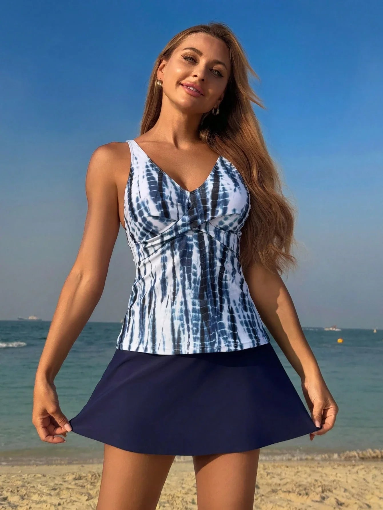 Bademode Set Damen zweiteilig mit Rock und gestreiftem Top