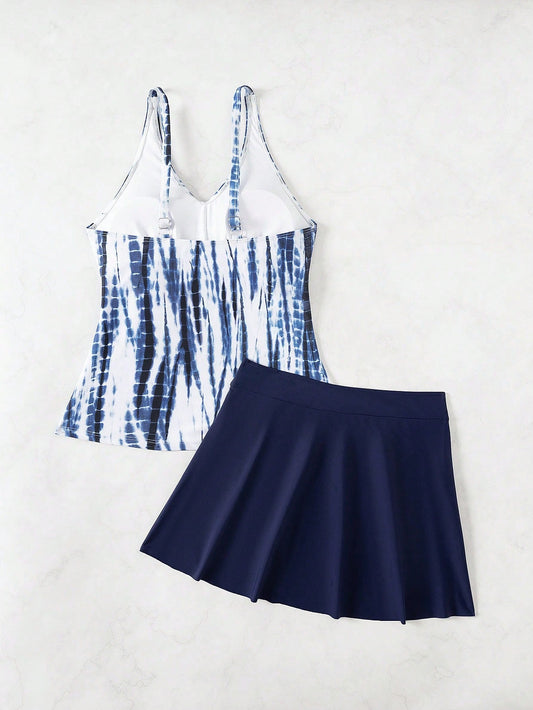 Bademode Set Damen zweiteilig mit Rock und gestreiftem Top