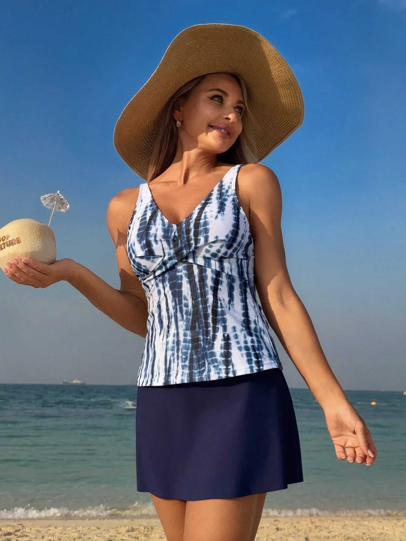 Bademode Set Damen zweiteilig mit Rock und gestreiftem Top