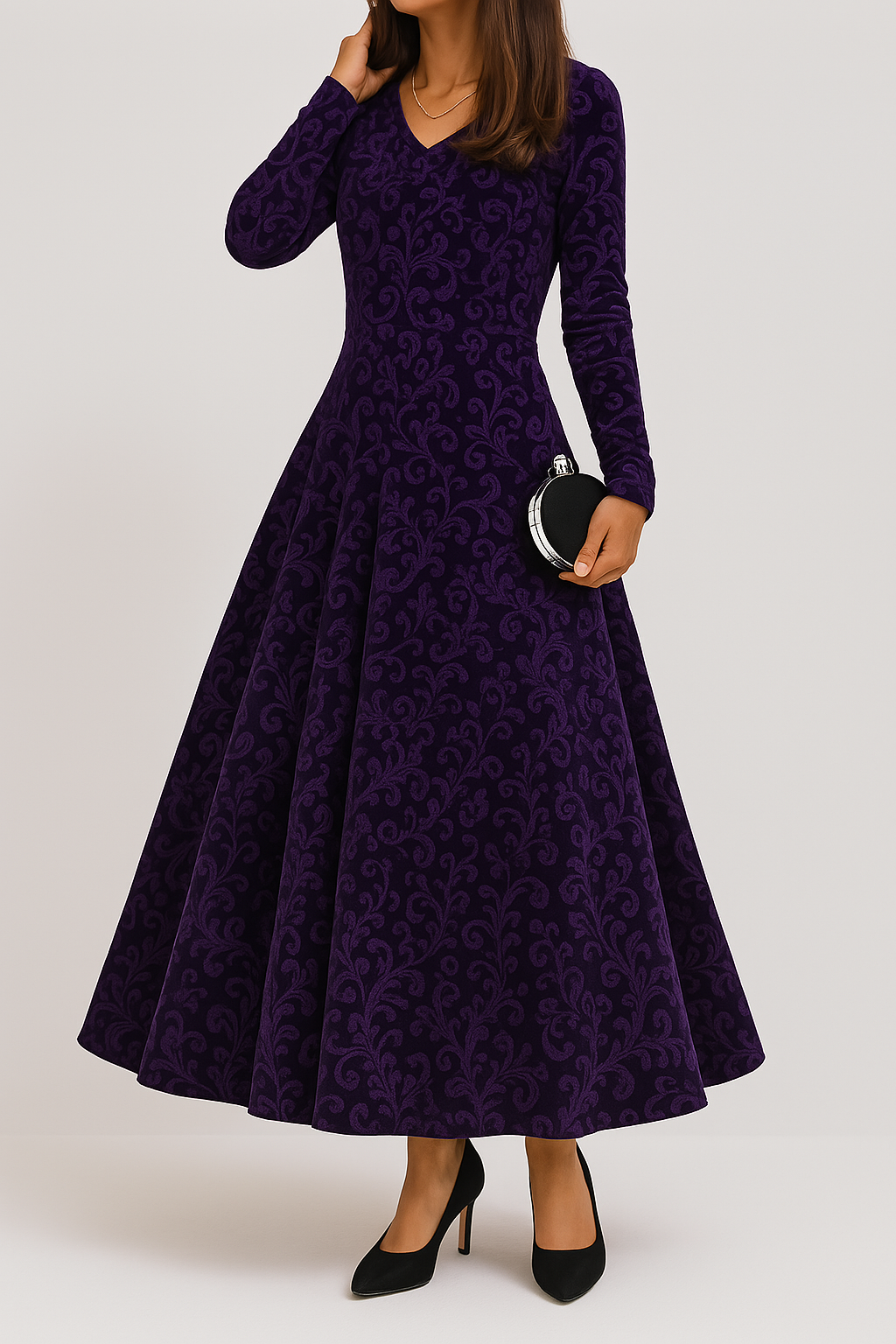 Kleid Elegant V-Ausschnitt Abendkleid Damen Maxikleid 3/4 Arm