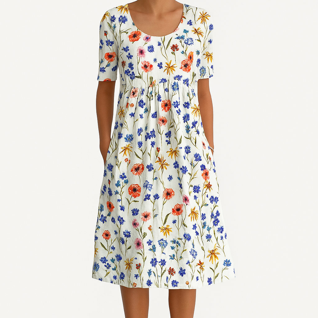 Kleid mit kurzen Ärmeln und floralem Print in Midi-Länge