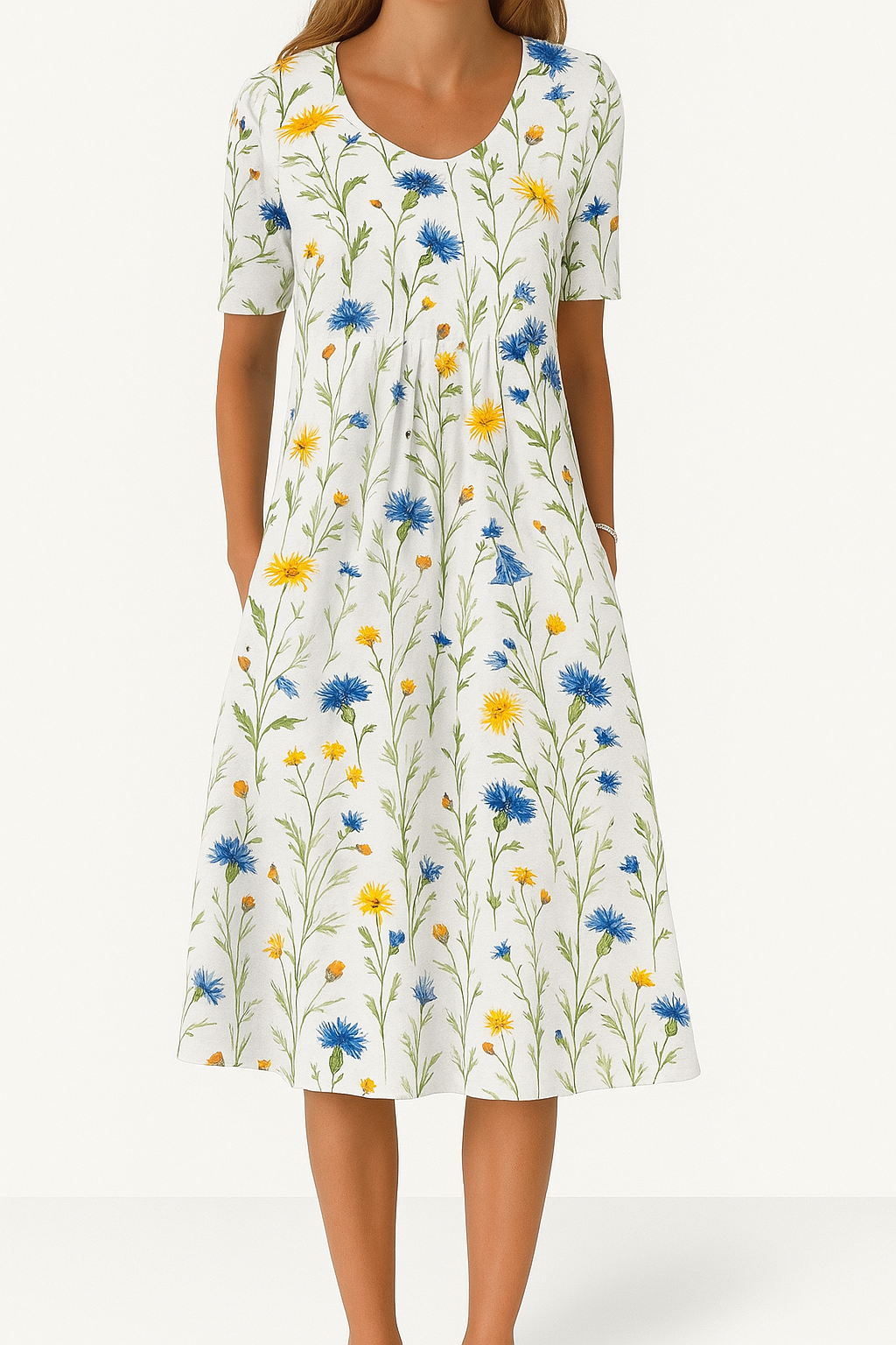 Kleid mit kurzen Ärmeln und floralem Print in Midi-Länge