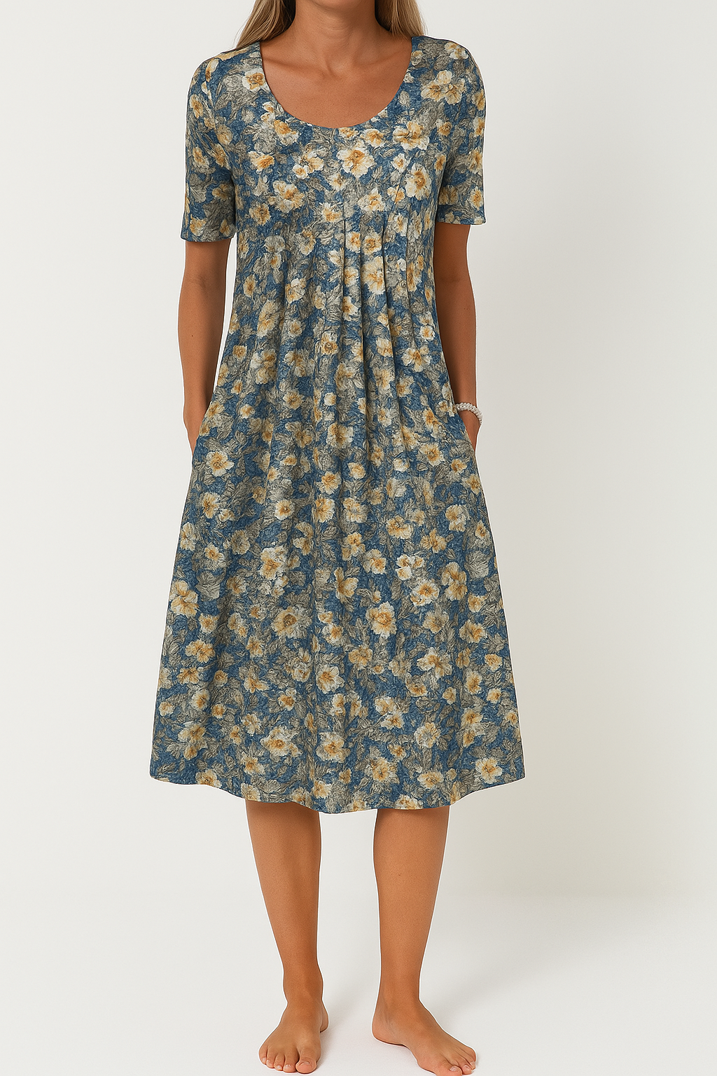 Kleid mit kurzen Ärmeln und floralem Print in Midi-Länge