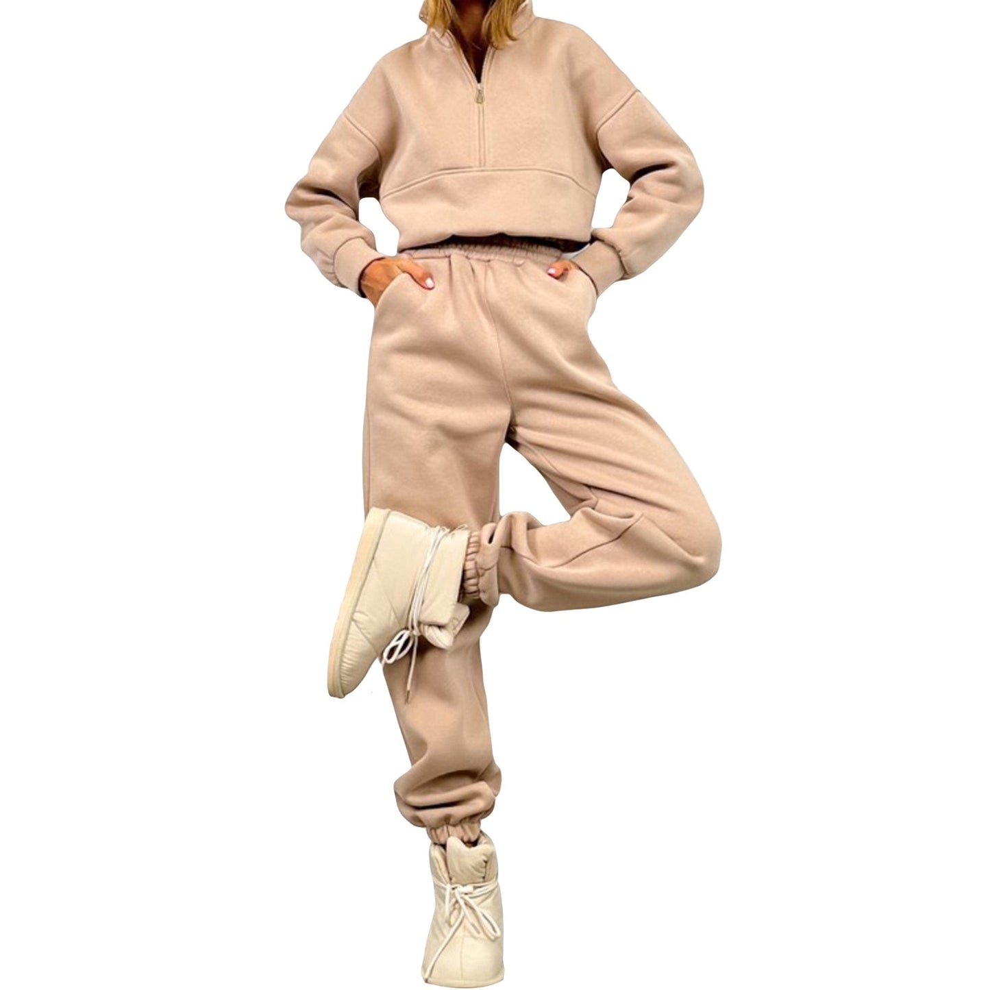 Sets aus zweifarbigem Hoodie und Jogginghose in Khaki mit Kapuze, Reißverschluss und Taschen für Damen