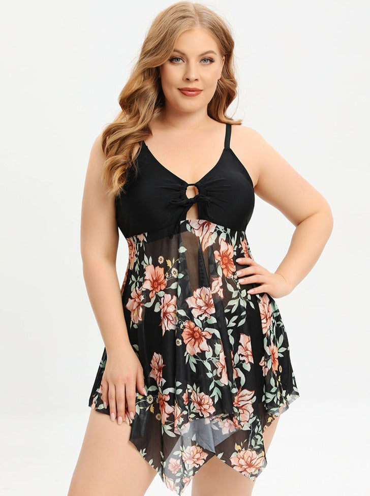 Bademode Kleid Badeanzug mit Blumenmuster und Netz-Optik