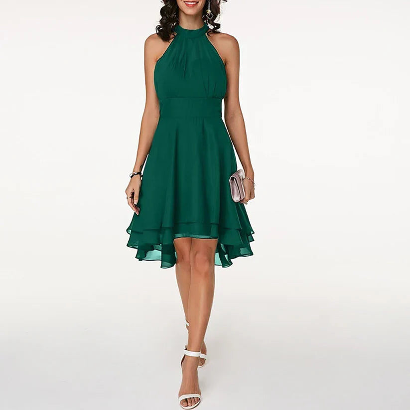 Kleid Damen Elegant mit Asymmetrischem Saum und Neckholder