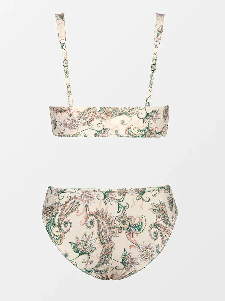 Bademode Damen Bikini Set mit floralen Blättern und Bändern