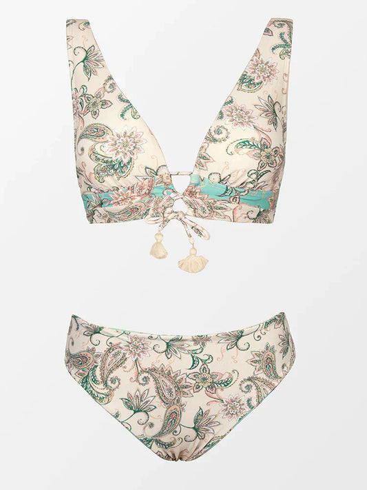 Bademode Damen Bikini Set mit floralen Blättern und Bändern