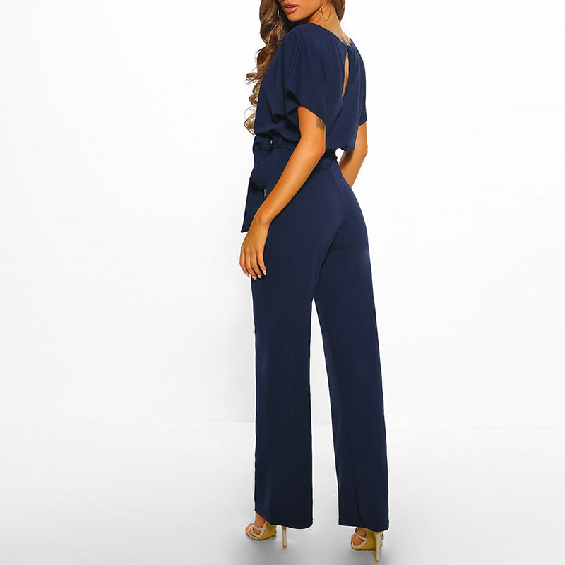 Jumpsuit Damen Elegant Kurzarm Bindegürtel Einfarbig Lang
