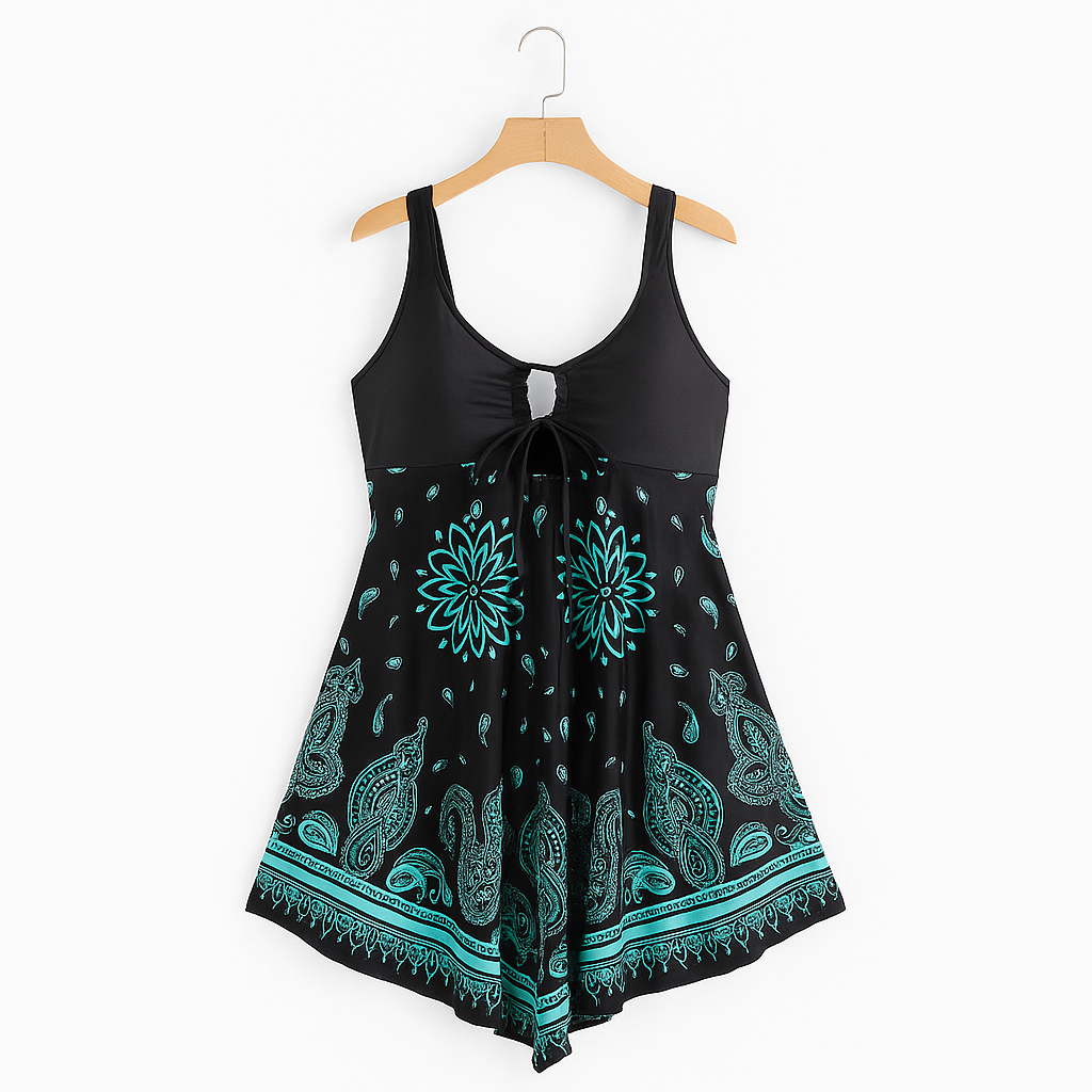 Bademode Damen Badeanzugkleid mit Paisley Muster und Schleife