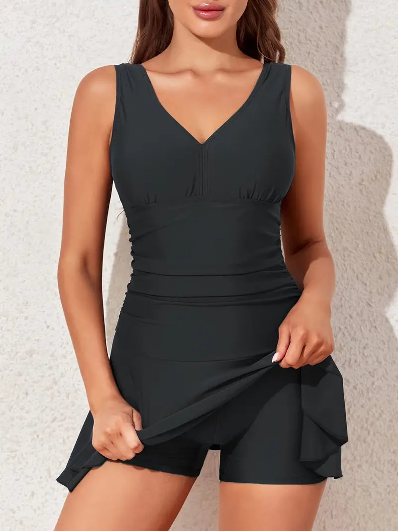 Bademode Damen Badeanzugkleid mit V-Ausschnitt und Rüschen