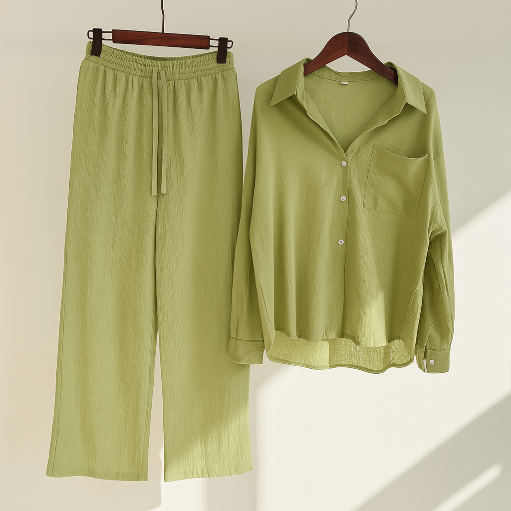 Sets aus Leinen mit langer Bluse und weitem Palazzo-Hosenstil