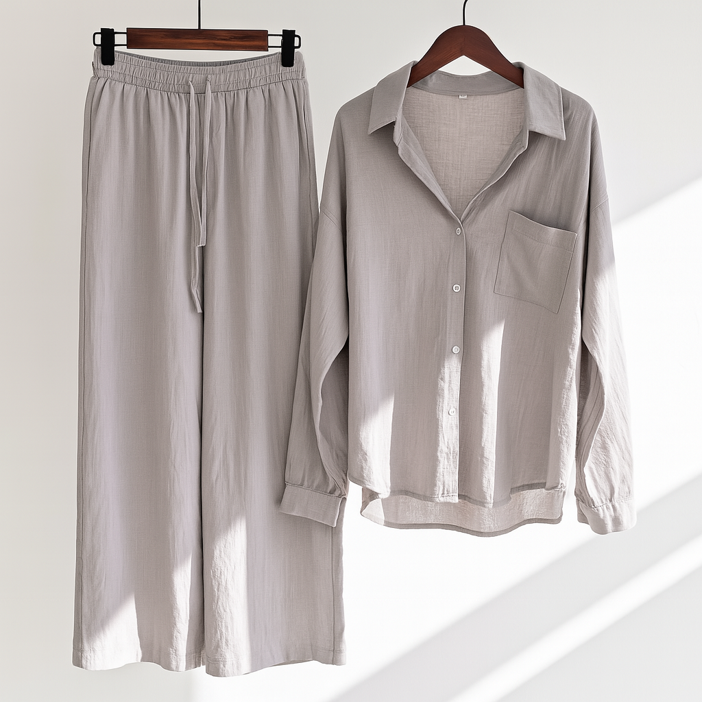 Sets aus Leinen mit langer Bluse und weitem Palazzo-Hosenstil