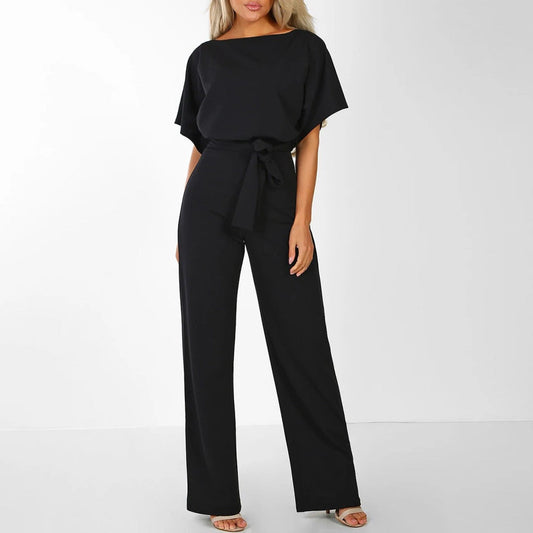 Jumpsuit Damen Elegant Kurzarm Bindegürtel Einfarbig Lang