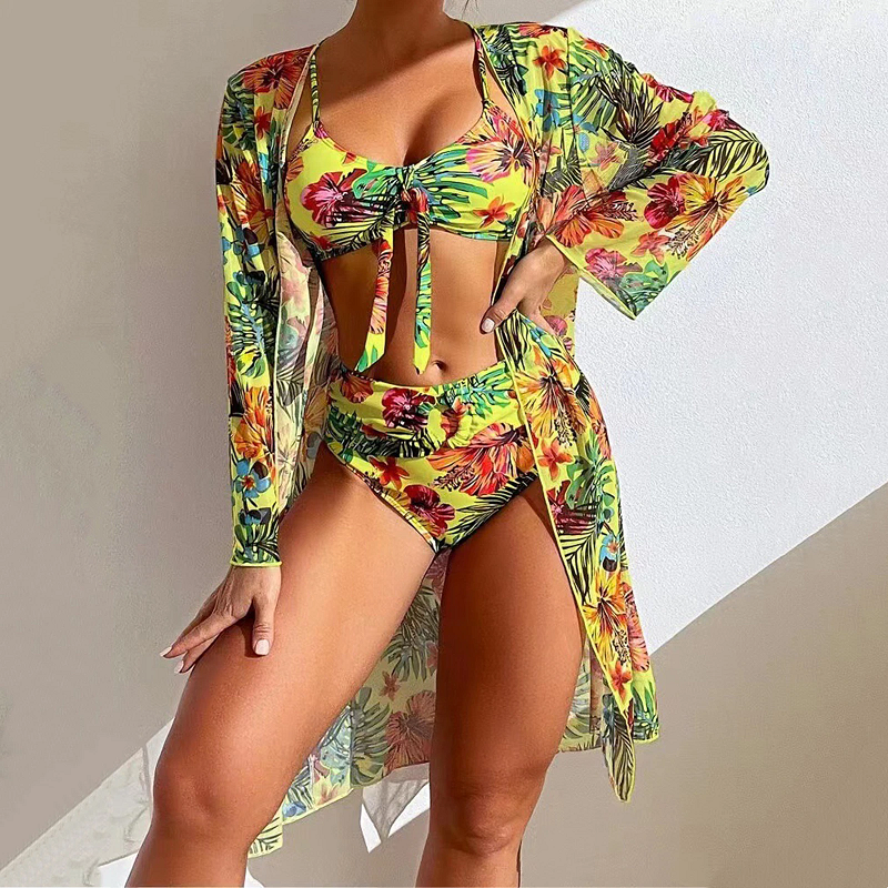 Bademode Damen Bikini Set mit Blumenprint und leichter Tunika