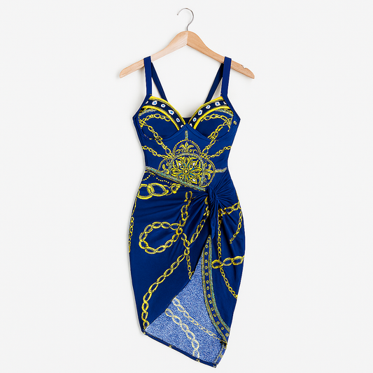 Bademode mit edlem Kettenmuster und gerafftem Wickeleffekt